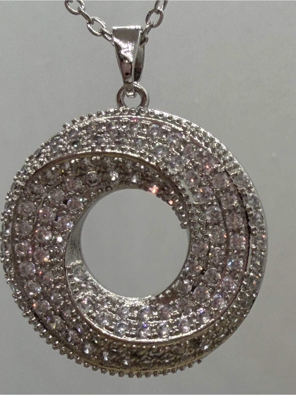 Silver Pavé Circle Pendant Necklace - Sparkling Silver Tone